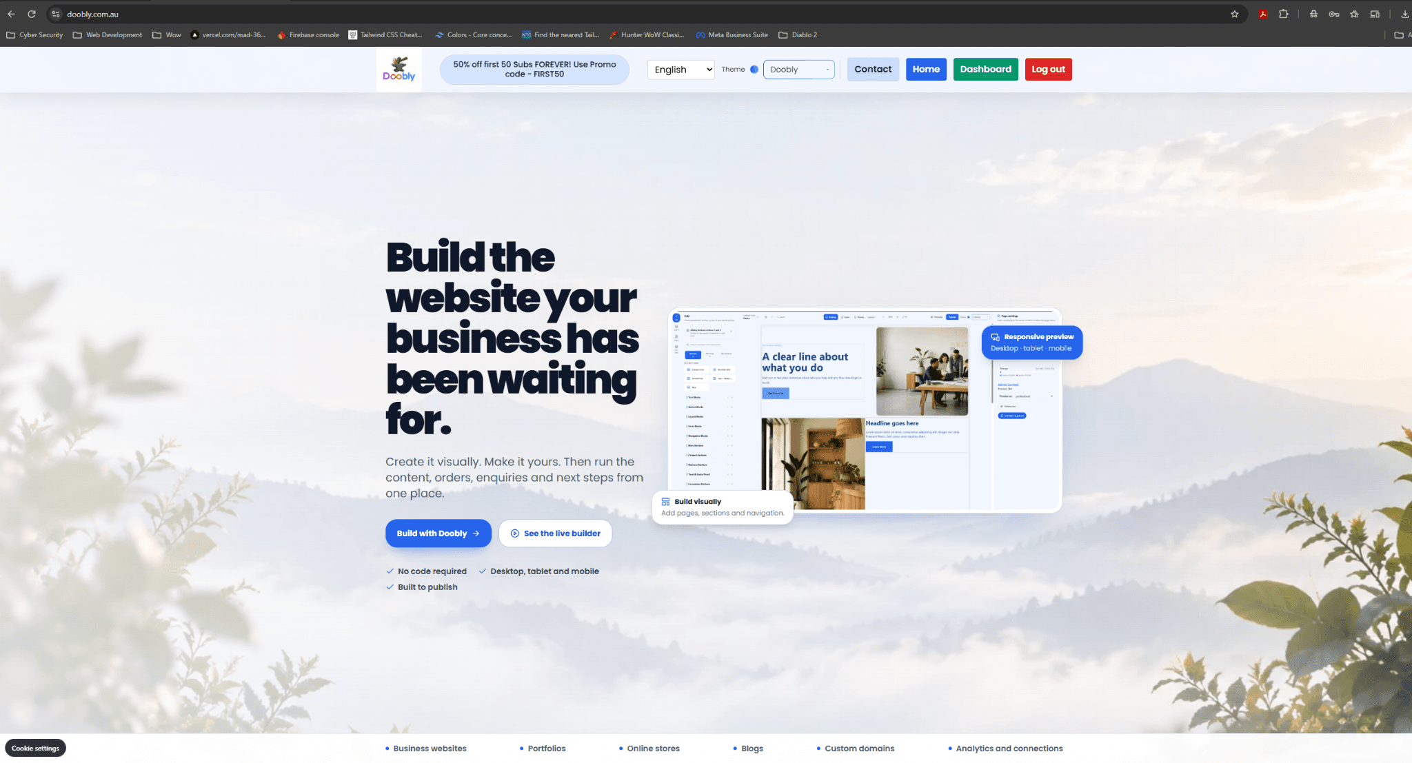 Doobly homepage showing the visual website builder