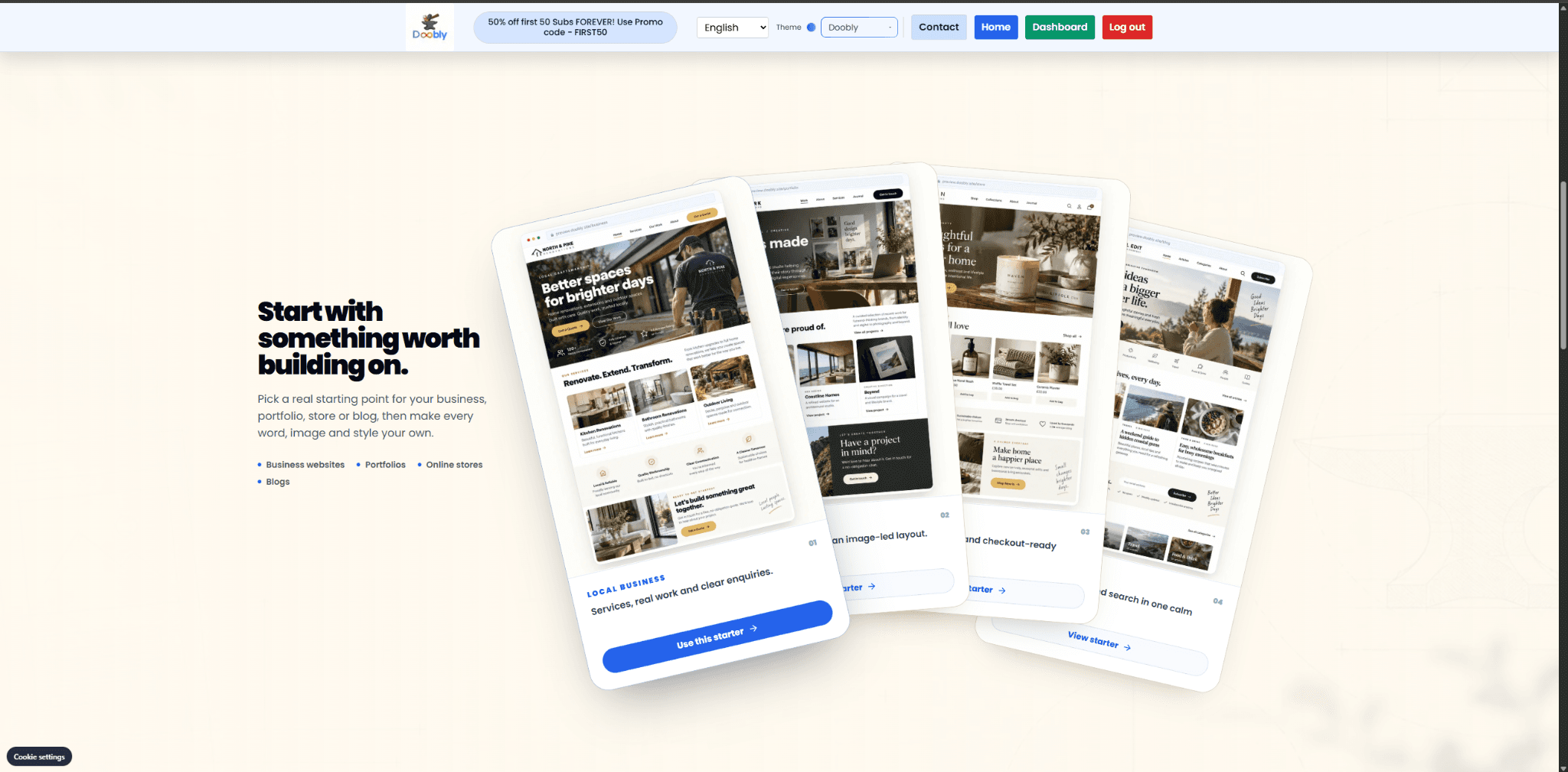 Doobly starter designs shown as fanned website cards